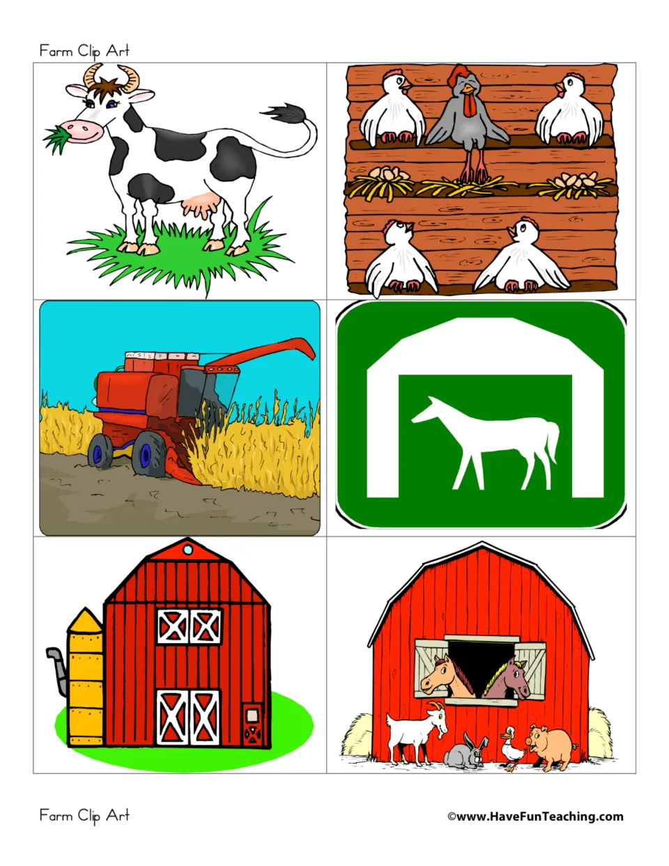 Farm scene cards showing a grazing cow, nesting hens, a combine harvesting grain, a horse barn sign and two red barns