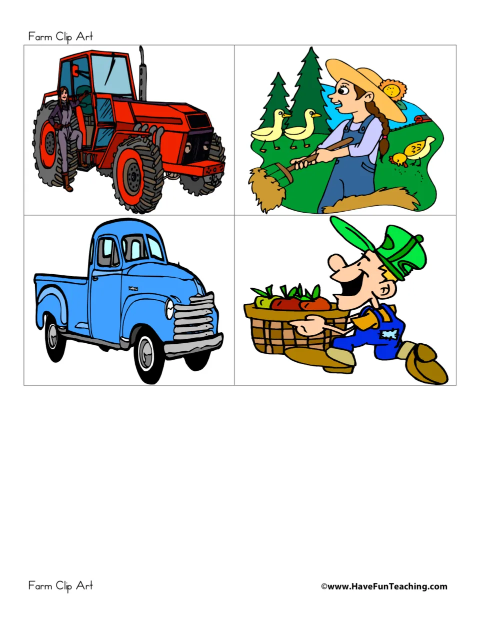 Farm people and vehicle cards: a red tractor, a farmer raking hay near ducks, a blue pickup truck and a farmer with apples