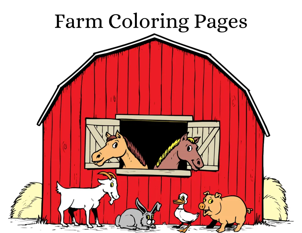 Farm Coloring Pages cover: a red barn with two horses at the window and a goat, rabbit, duck and pig standing in front