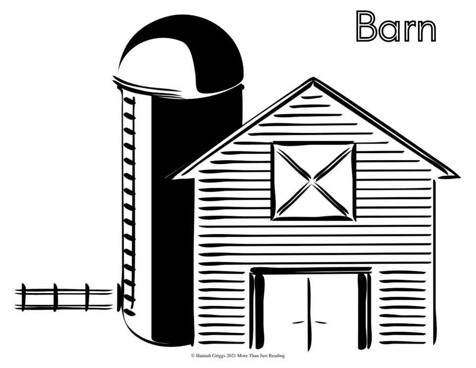 Barn coloring sheet: students color a wooden barn beside a tall silo with a ladder and a fence, plus the word Barn