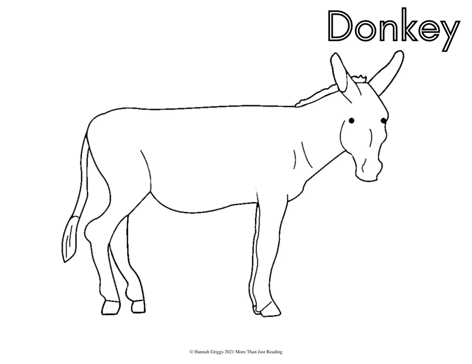 Donkey coloring sheet: students color a simple outline of a long-eared donkey and the bubble-letter word Donkey