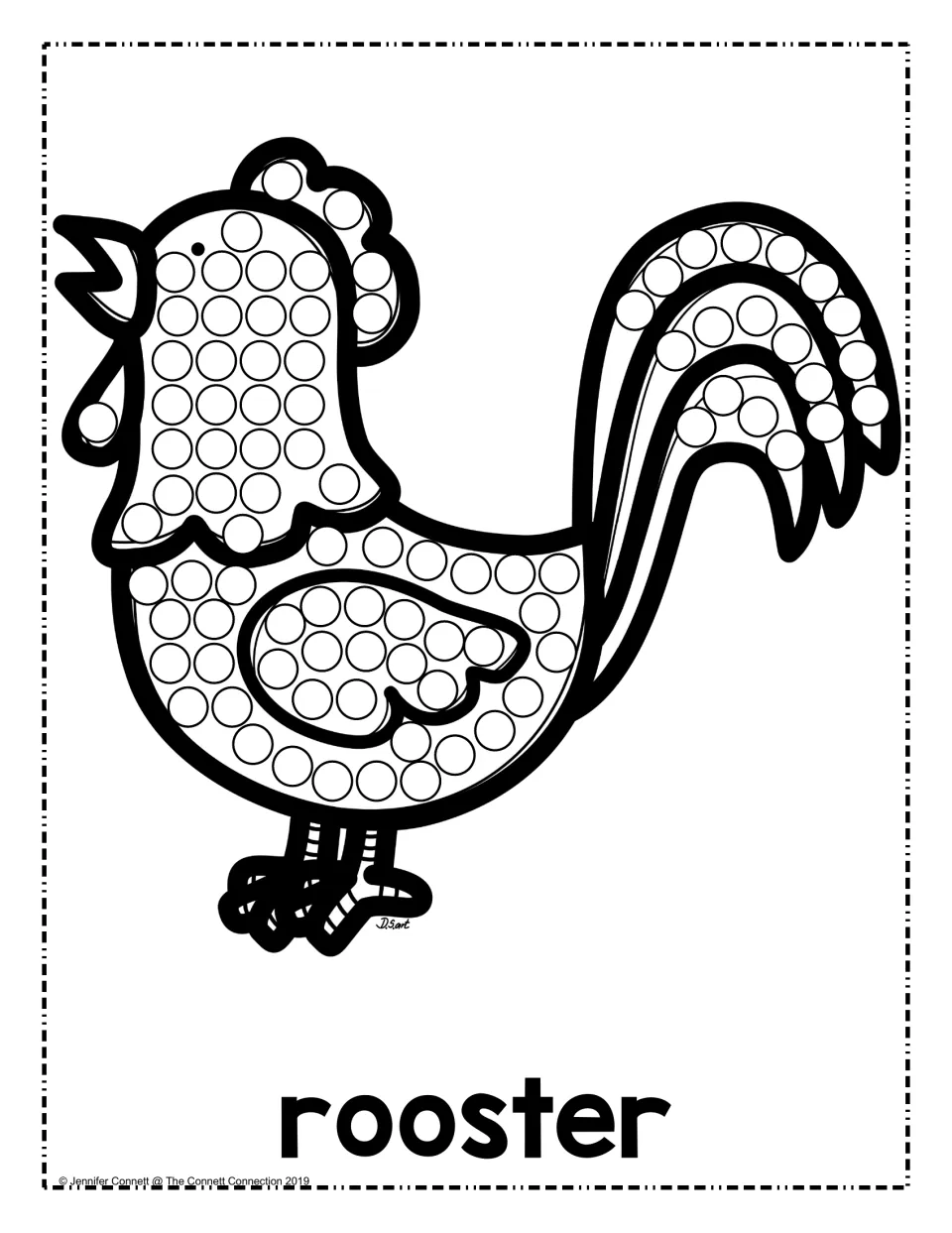 Rooster dot painting: students stamp a dot marker in each circle on the rooster's comb, body, wing and tail feathers