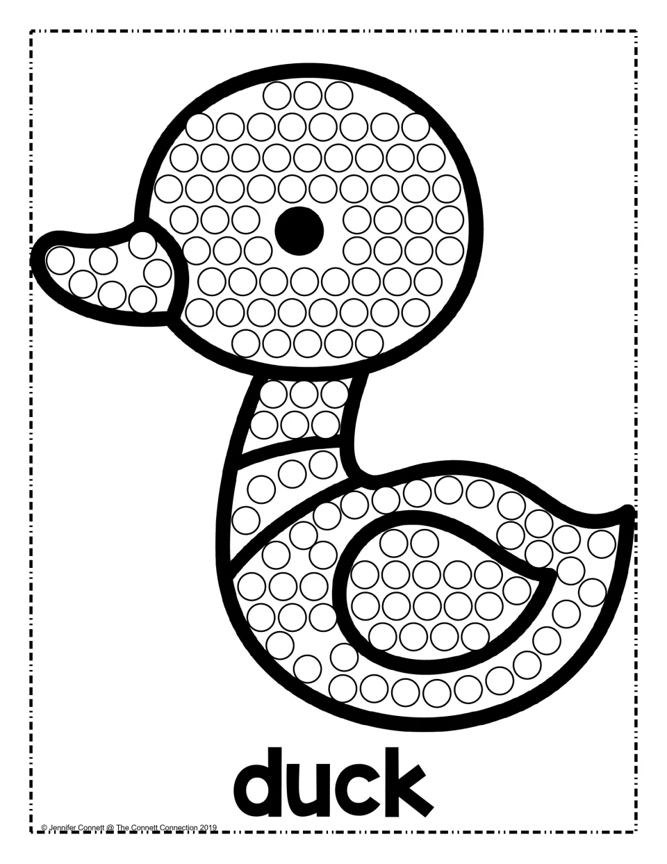 Duck dot painting: children fill each circle on the duck's head, bill, neck, body and wing with a dot marker or dauber