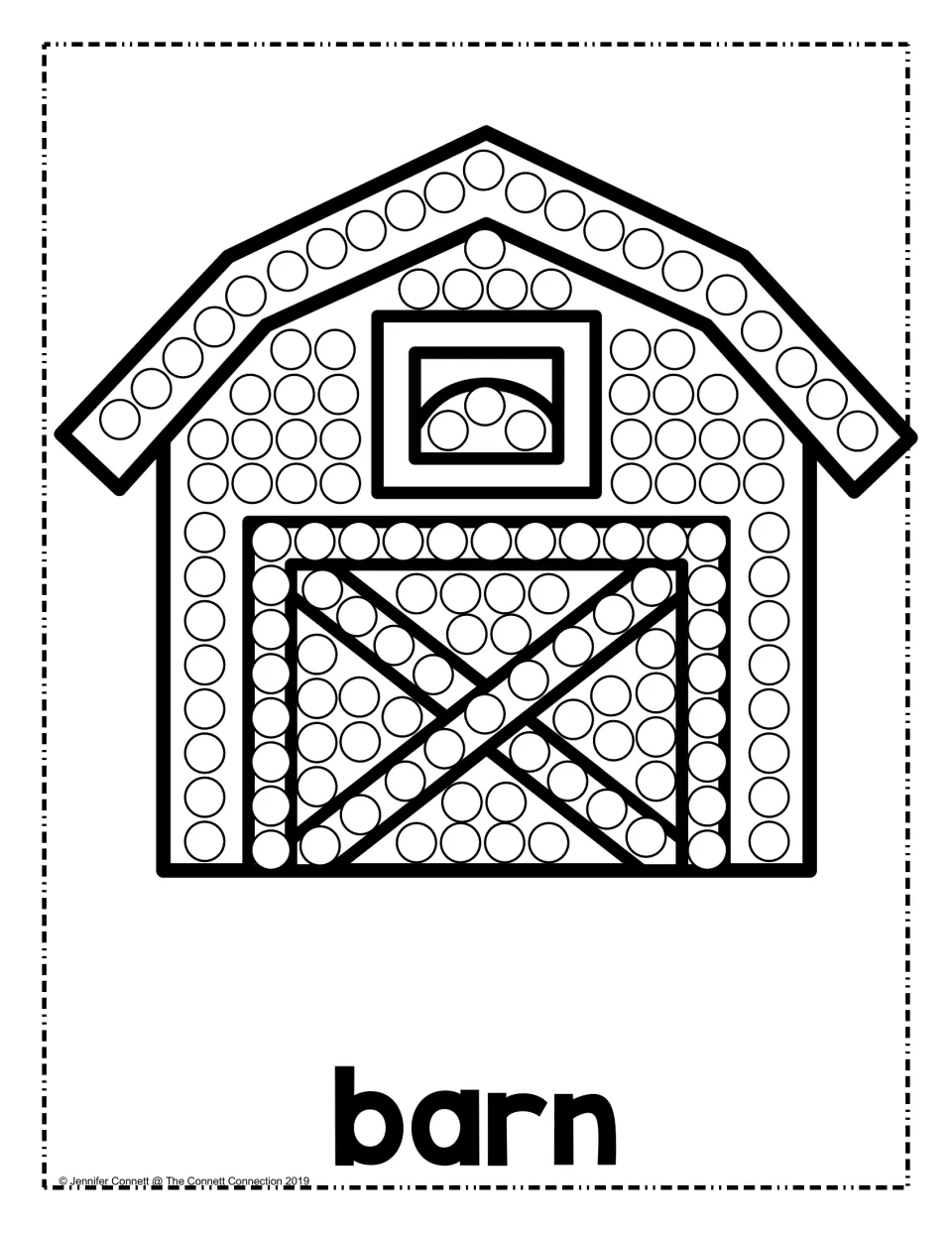 Barn dot painting: students dab paint dots in circles along the roof, around the hayloft window and across the X door