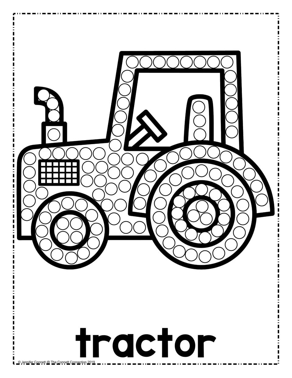 Tractor dot painting: students press a dot marker into circles on the cab, exhaust pipe, hood and both tractor wheels