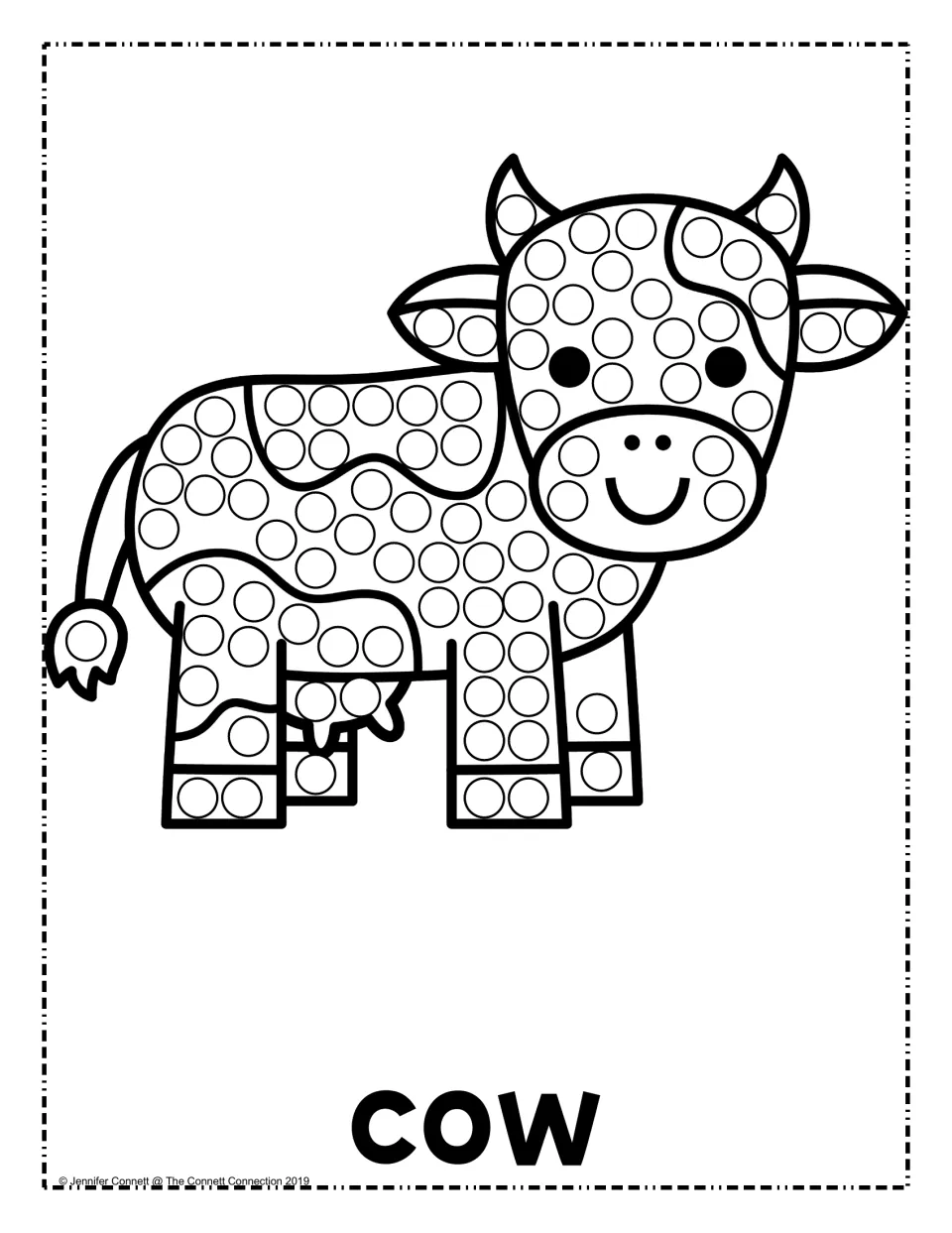 Cow dot painting: children stamp dots in circles on a smiling cow's spotted body, face, ears, legs and tail tuft