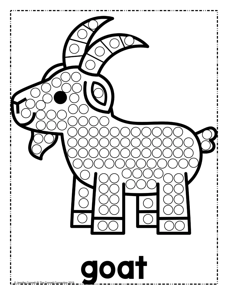 Goat dot painting: students dot each circle on a goat's curved horns, beard, body, legs and tail with a dauber