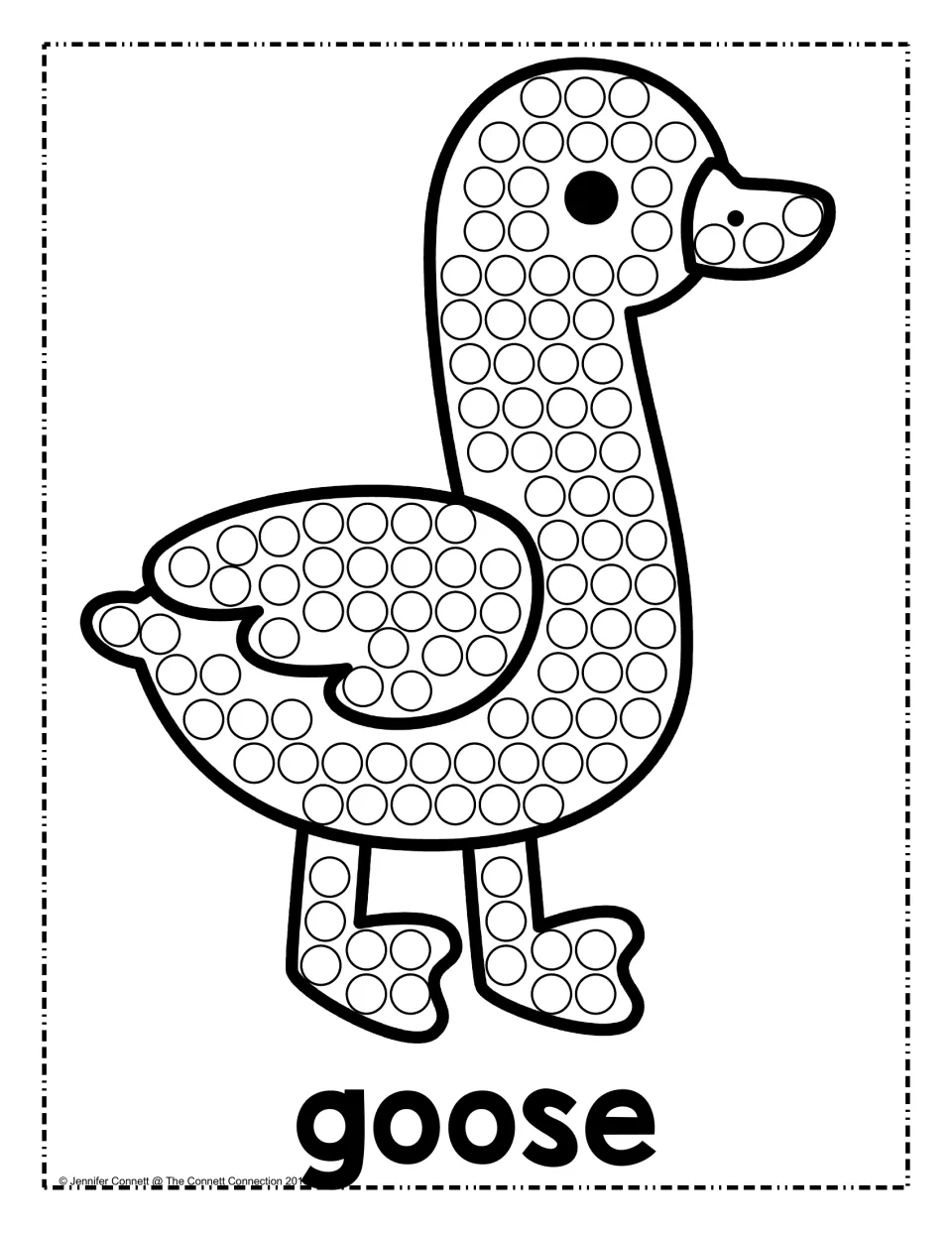 Goose dot painting: children fill circles on the goose's long neck, beak, wing, body and webbed feet with marker dots