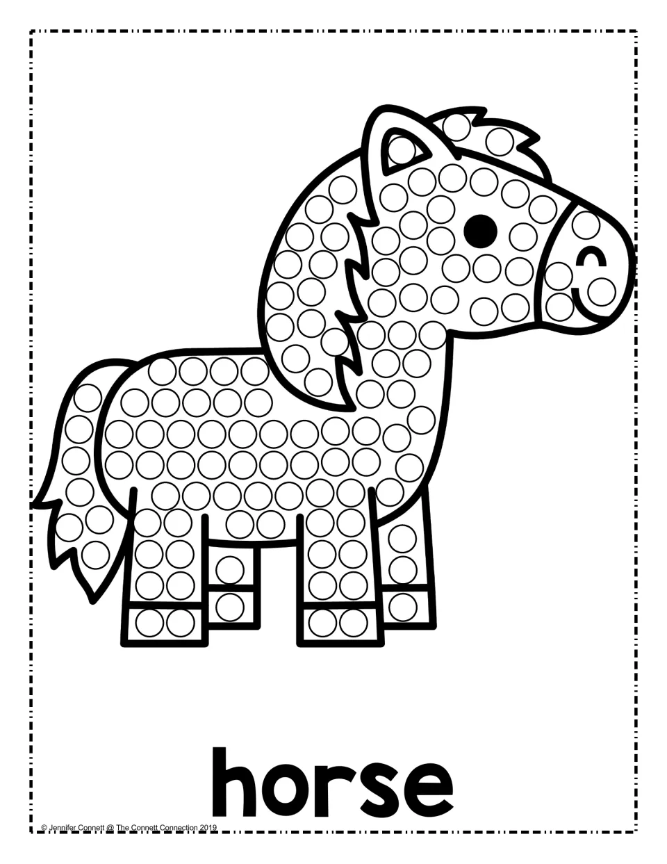 Horse dot painting: students dot the circles on a horse's mane, head, body, legs and tail, labeled with the word horse