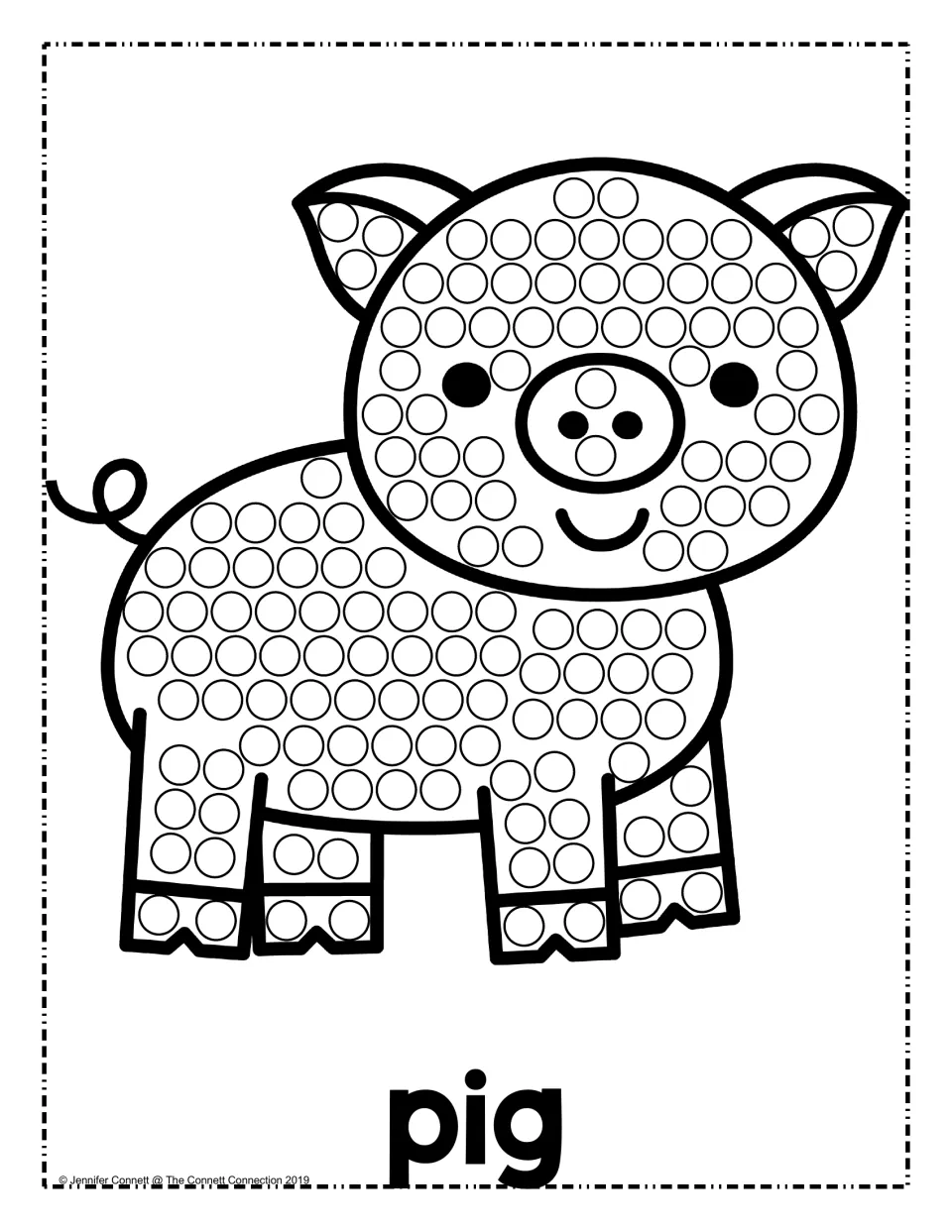 Pig dot painting: children stamp dots on a smiling pig's ears, snout, round body and hooves, with the word pig below