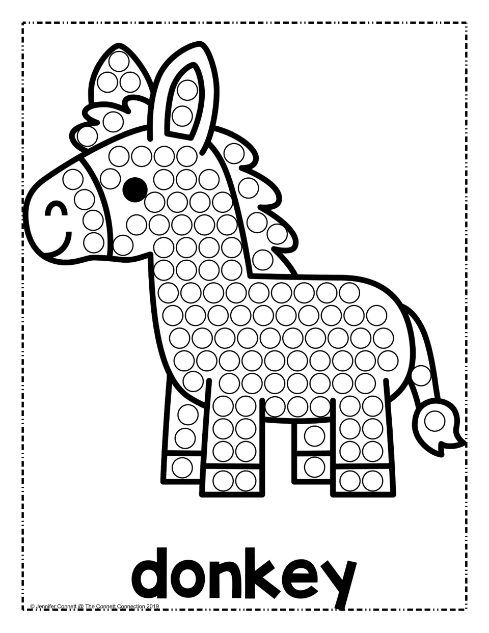 Donkey dot painting: students dab dots in circles on the donkey's tall ears, mane, body, legs and tail above its name