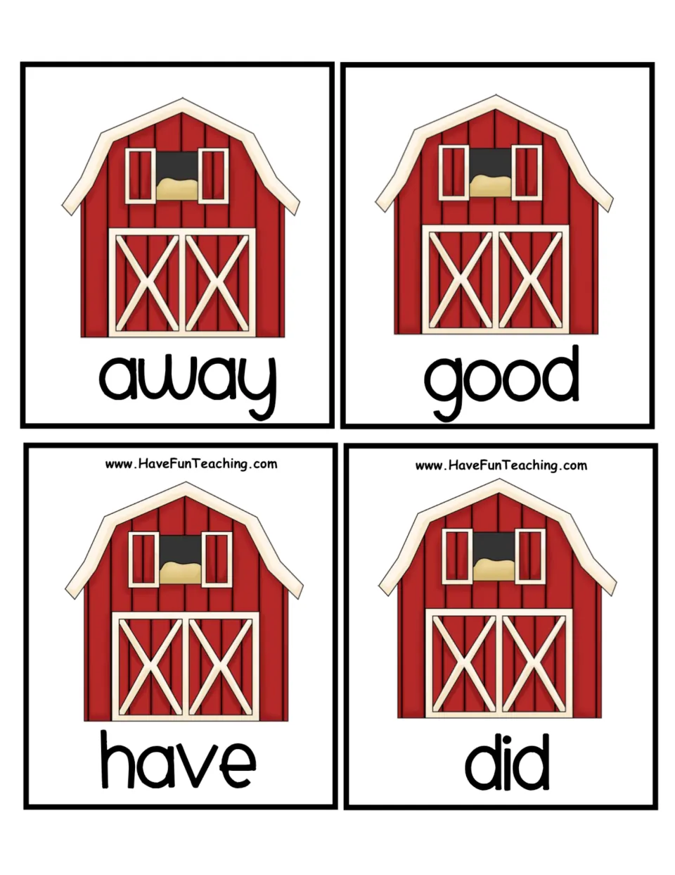 Red barn word cards for alphabetizing: away, good, have and did, the first four words students put in ABC order