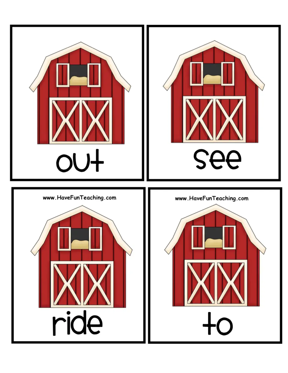 More red barn word cards to sort alphabetically: out, see, ride and to, completing the eight-word barn set