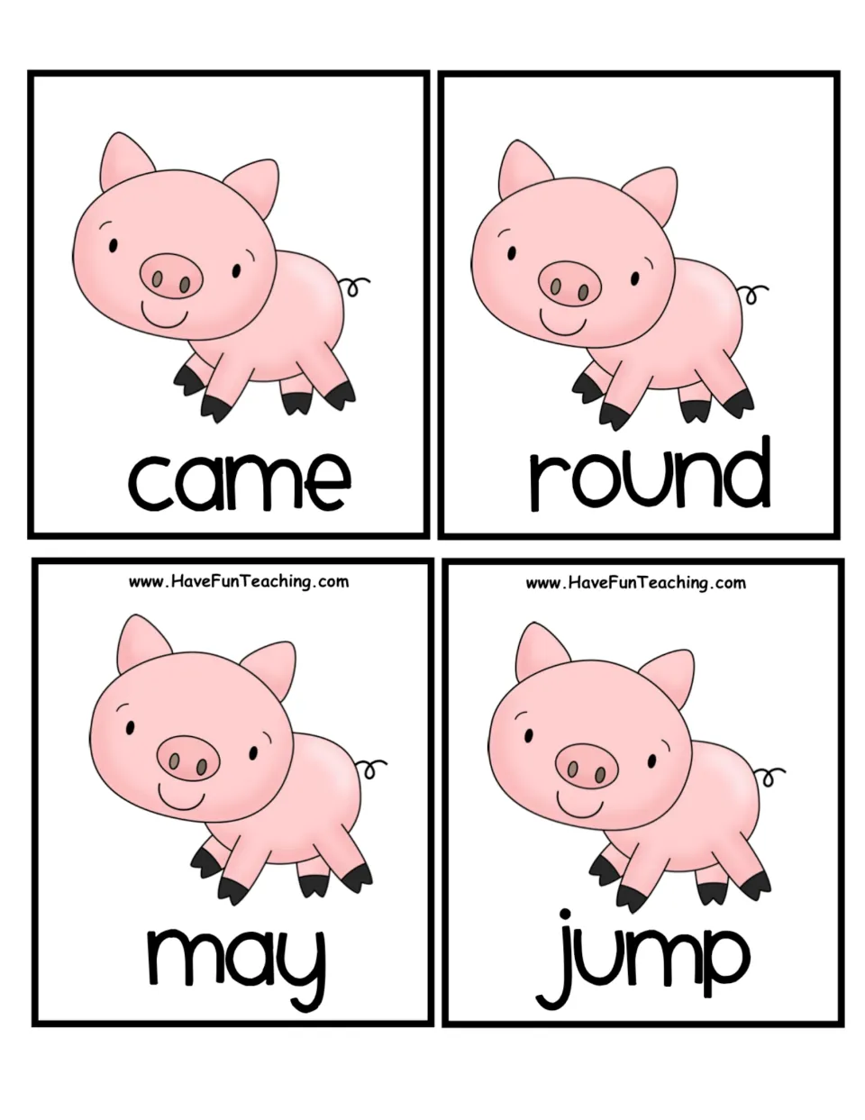 Pig word cards for ABC order practice: came, round, may and jump, the first half of the pig set students alphabetize