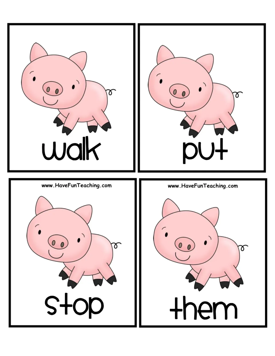 Pig word cards for alphabetical ordering: walk, put, stop and them, finishing the eight cards in the pig set