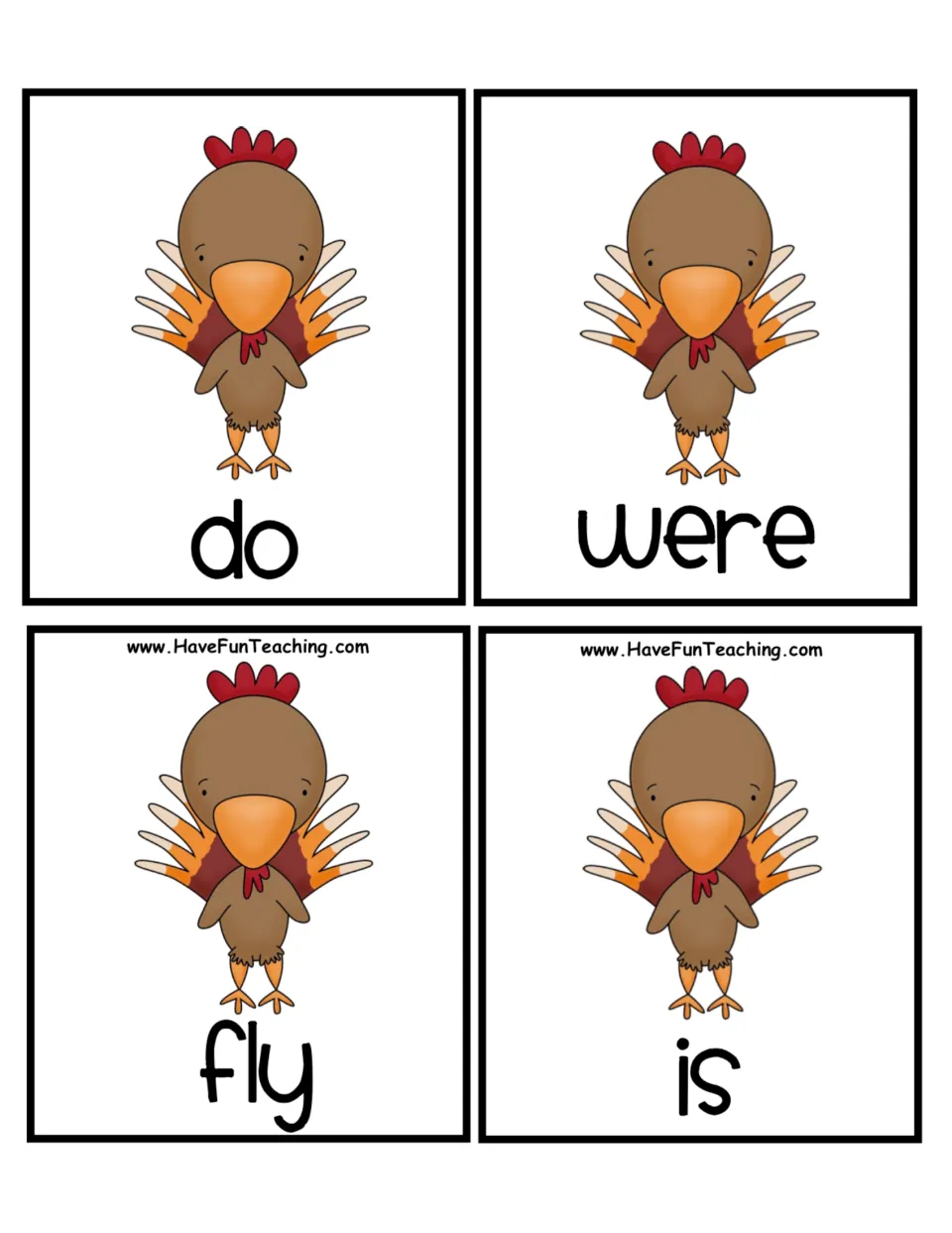 Turkey word cards for alphabetizing by first letter: do, were, fly and is, the opening cards of the turkey set
