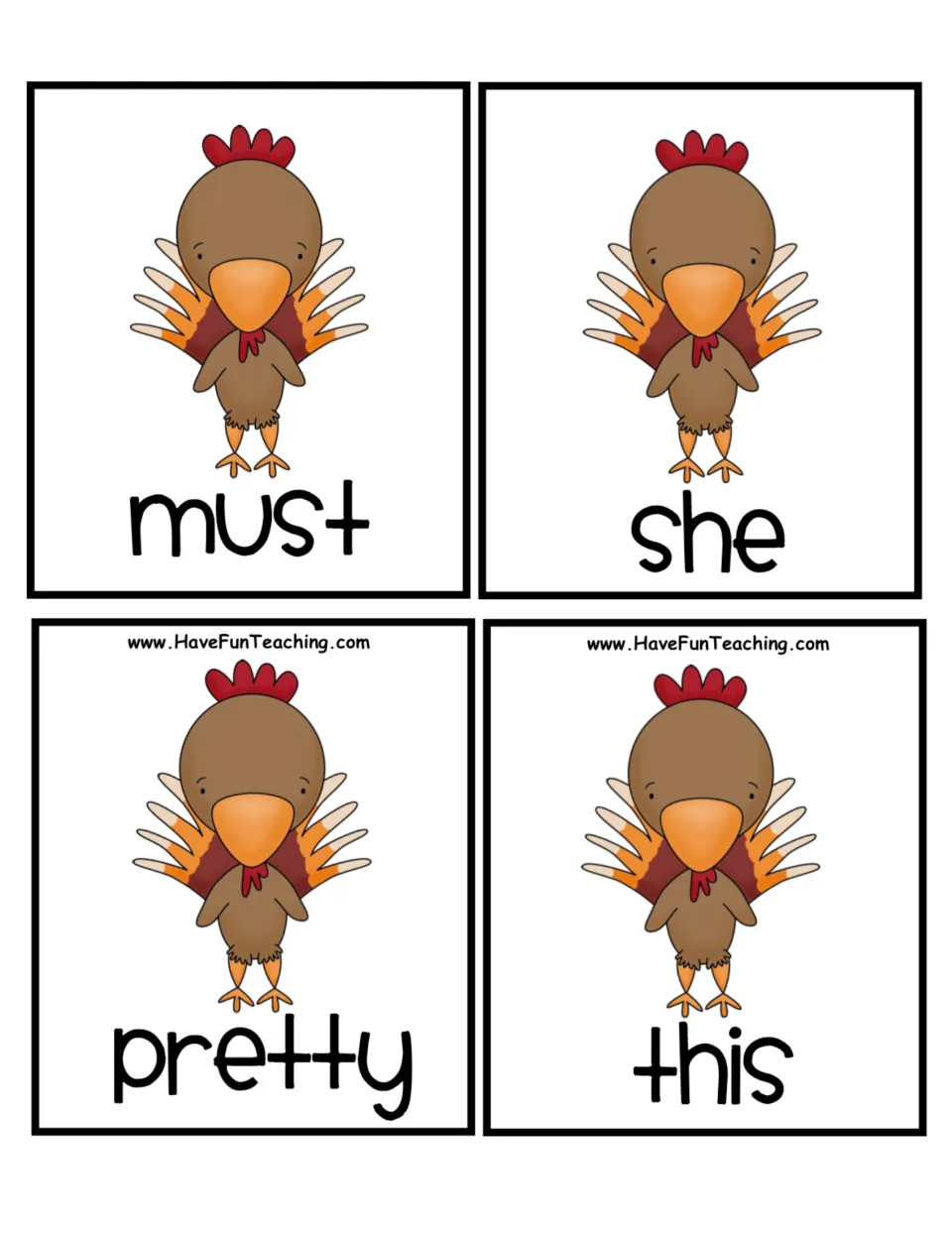 Turkey word cards to put in ABC order: must, she, pretty and this, the last four words of the turkey set