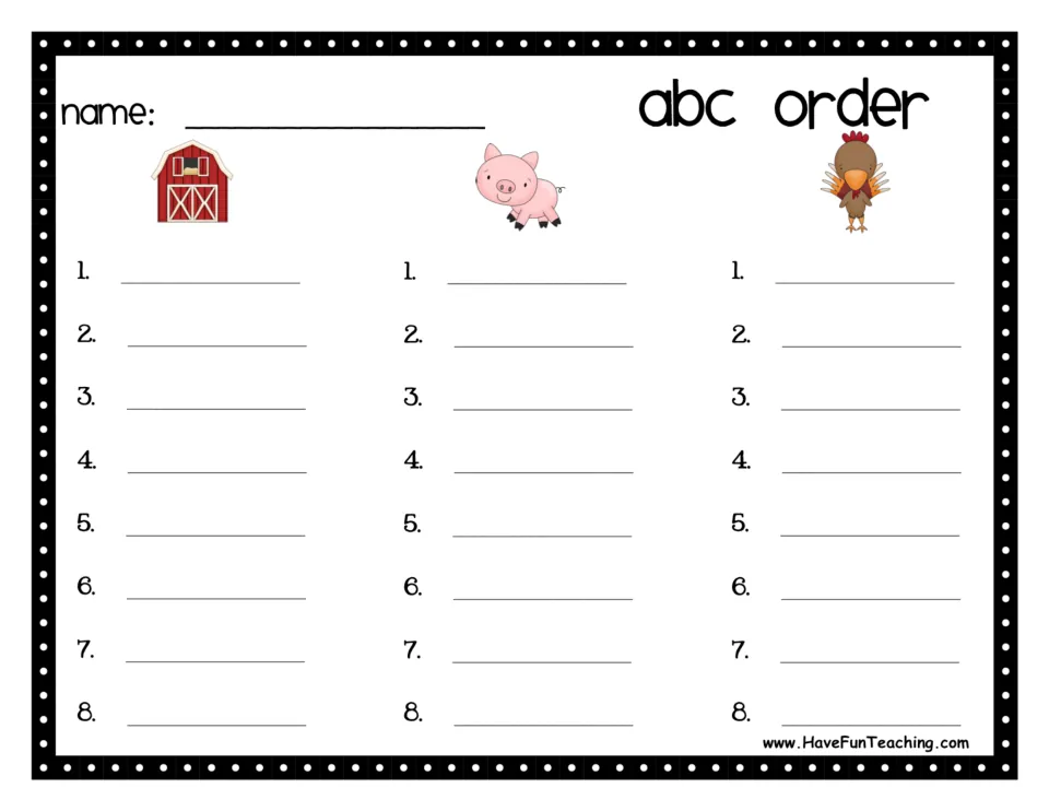ABC order recording sheet: students write the barn, pig and turkey words in alphabetical order, eight numbered blanks each