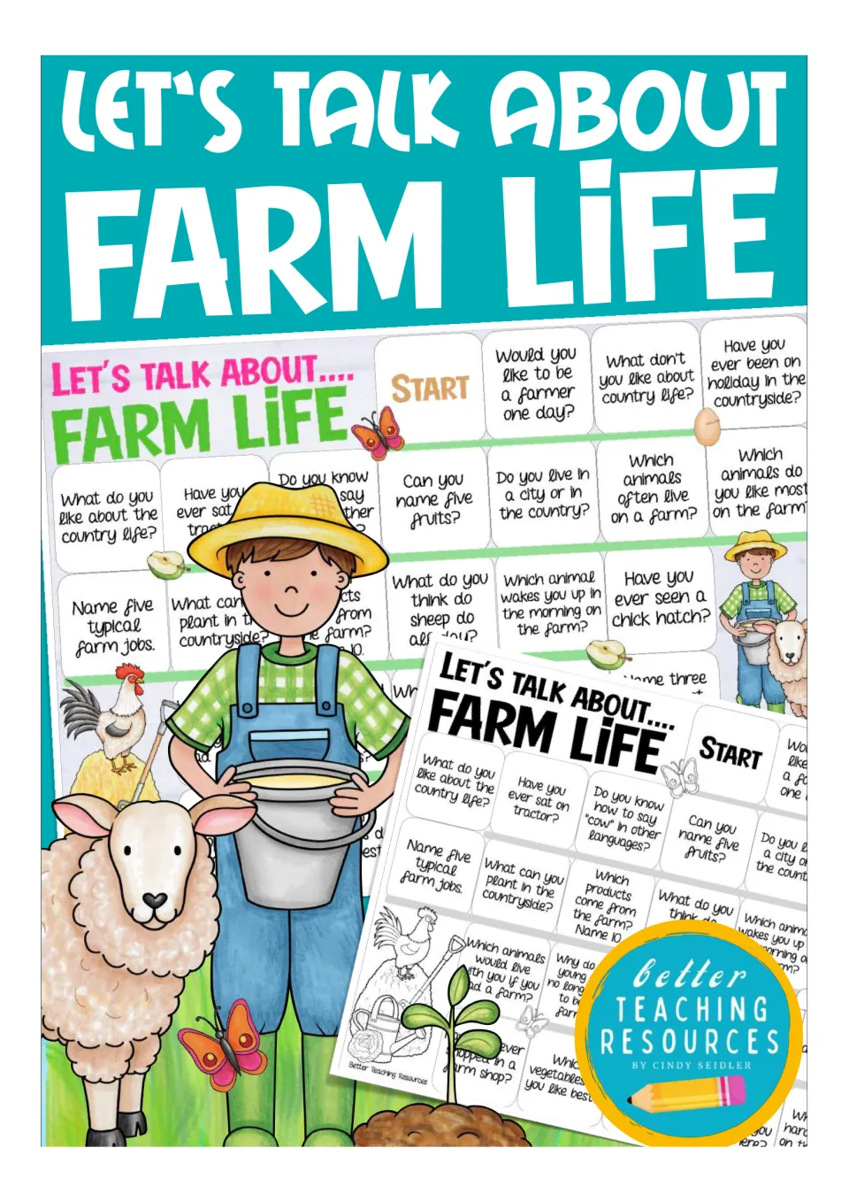 Let's Talk About Farm Life cover showing color and black-and-white versions of a farm question board game