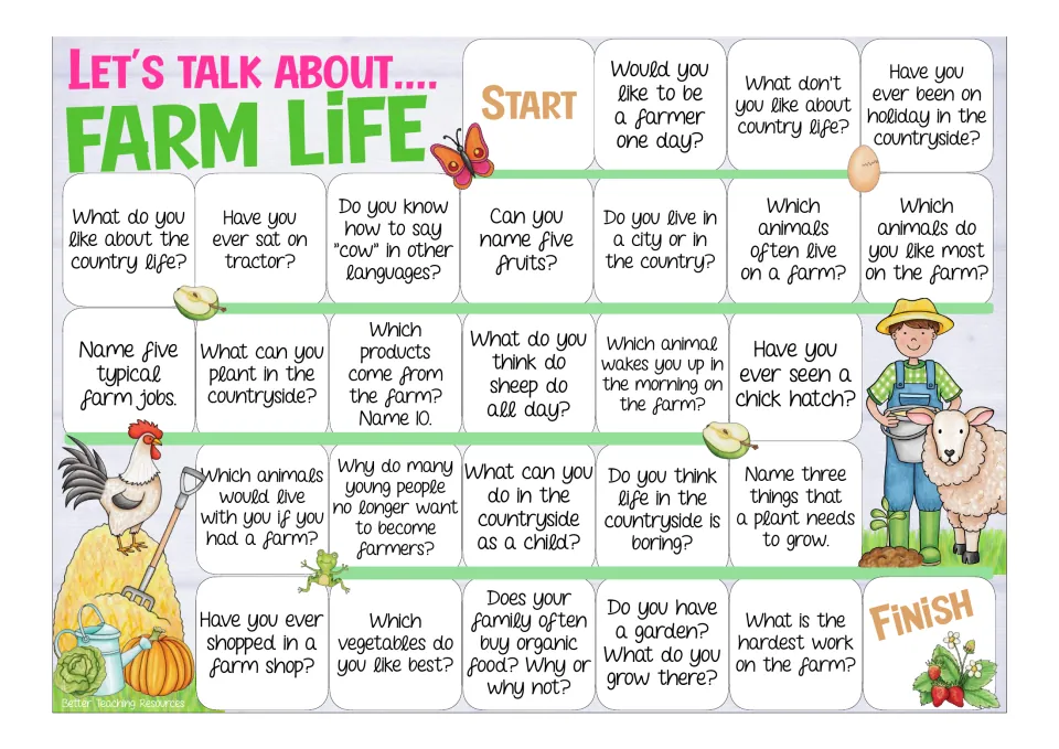 Color farm life board game: players move from Start to Finish answering speaking questions about farms and country life