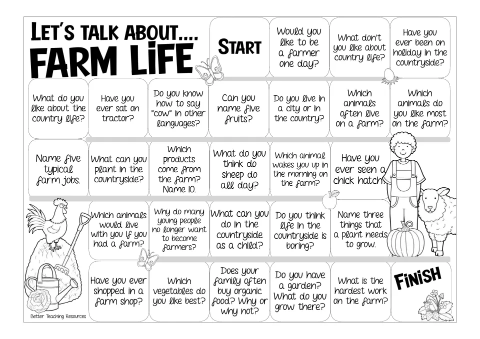 Black-and-white farm life board game with the same questions, e.g. naming farm animals, crops and what plants need to grow