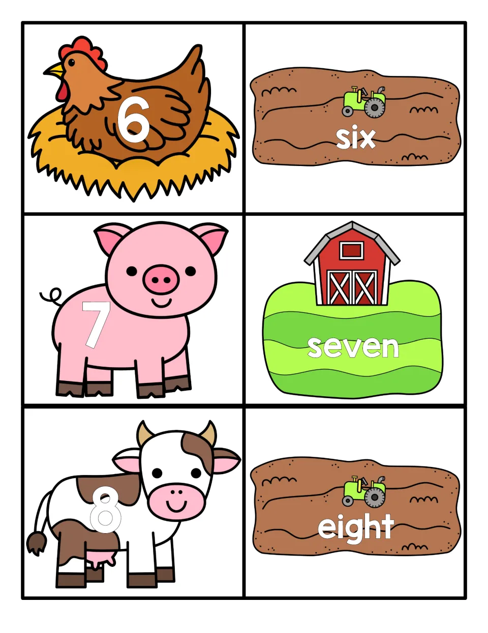 Numbers 6 to 8: numeral cards 6, 7 and 8 on farm animals match word cards six, seven and eight to practise number words