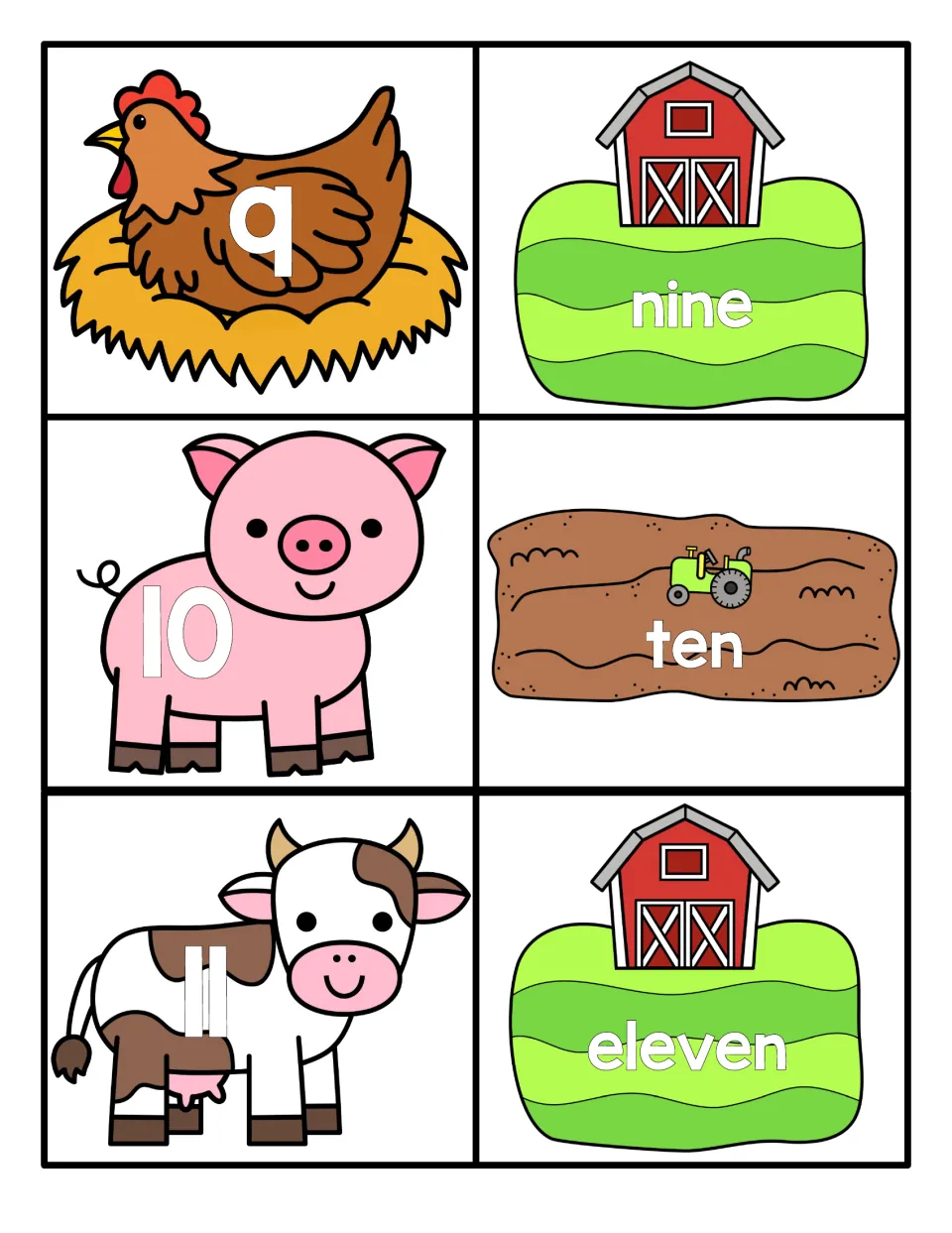 Numbers 9 to 11: hen, pig and cow show 9, 10 and 11, paired with barn and tractor field cards spelling nine, ten, eleven