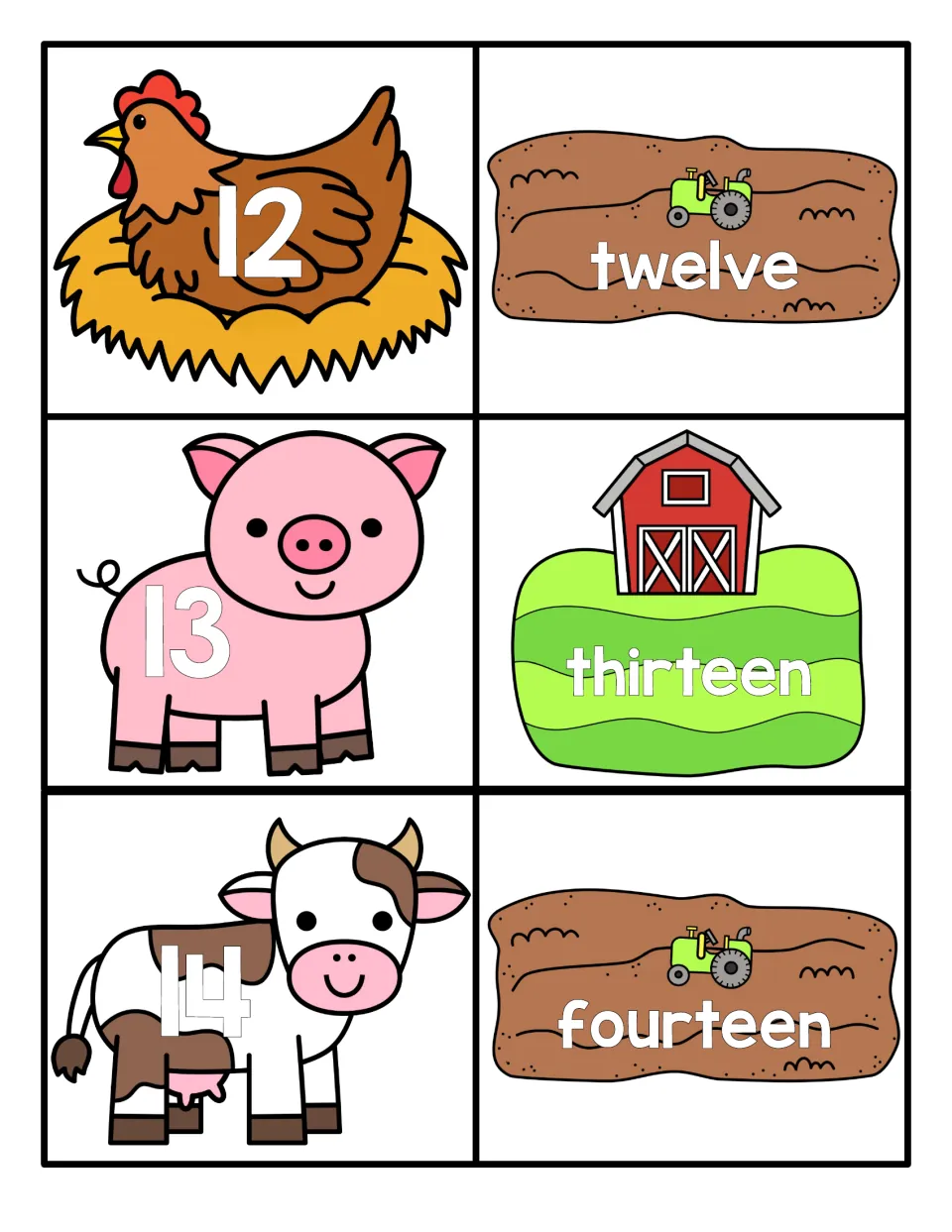 Numbers 12 to 14: numerals 12, 13 and 14 on farm animals pair with word cards twelve, thirteen and fourteen for matching