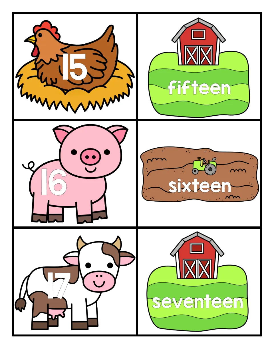 Numbers 15 to 17: hen, pig and cow numeral cards 15, 16 and 17 match word cards fifteen, sixteen, seventeen