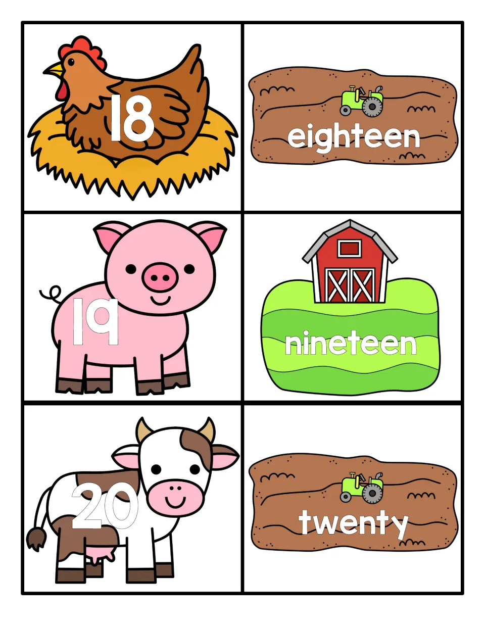 Numbers 18 to 20: numerals 18, 19 and 20 on a hen, pig and cow match word cards eighteen, nineteen and twenty