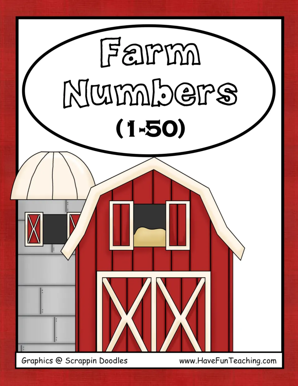 Cover of the farm-themed number card set, titled 'Farm Numbers (1-50)', introducing cards numbered 1–50