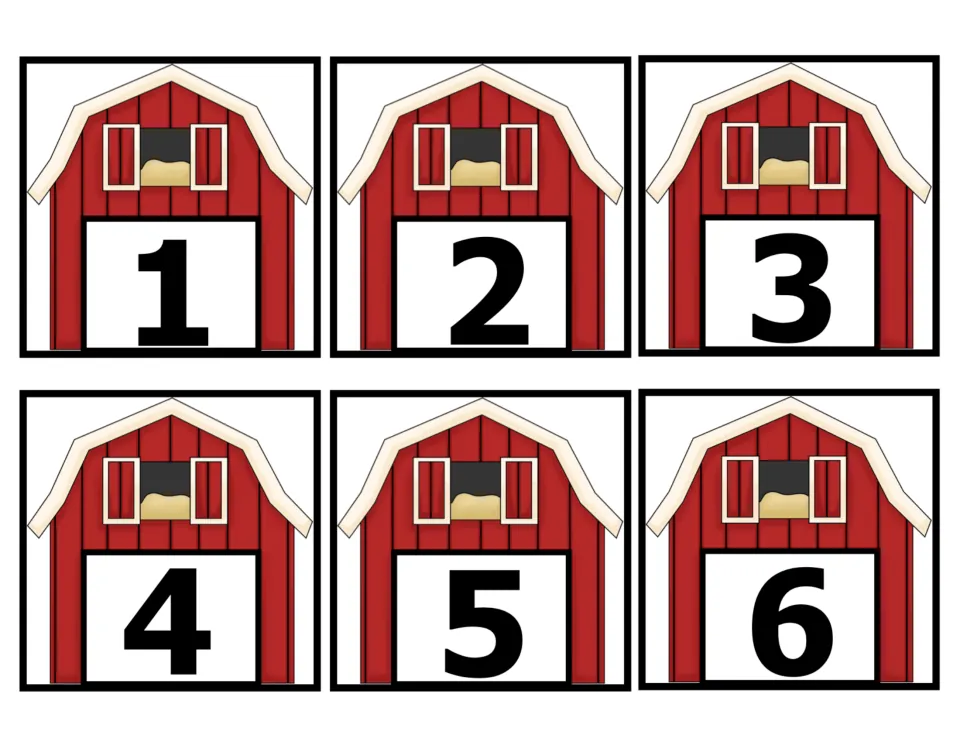 Number cards 1–6 of the 50-card farm set, showing numerals 1, 2, 3, 4, 5, and 6 on red barn pictures.