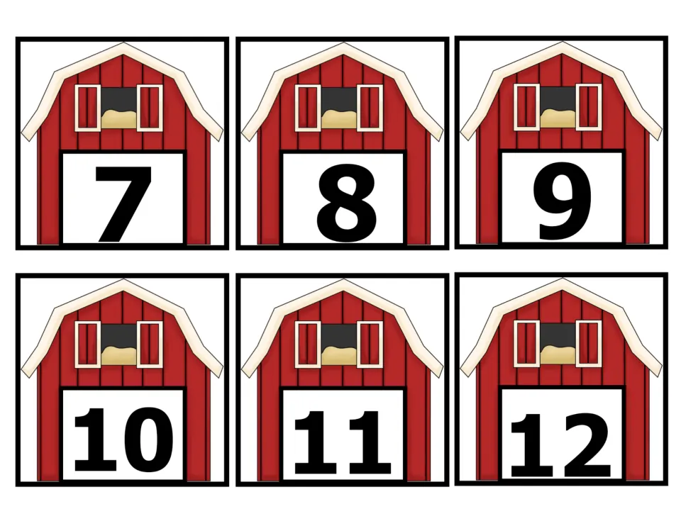 Number cards 7–12 of the 50-card farm set, showing numerals 7, 8, 9, 10, 11, and 12 on red barn pictures.