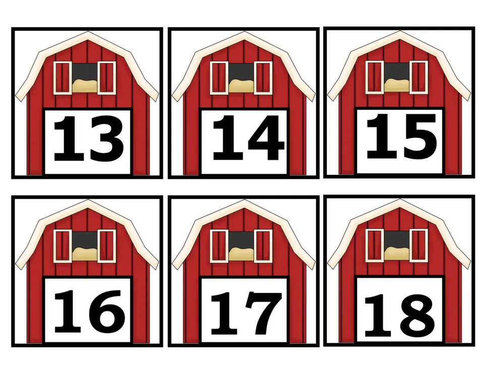 Number cards 13–18 of the 50-card farm set, showing numerals 13, 14, 15, 16, 17, and 18 on red barn pictures.