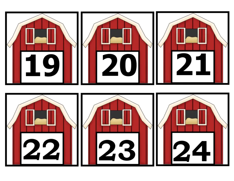 Number cards 19–24 of the 50-card farm set, showing numerals 19, 20, 21, 22, 23, and 24 on red barn pictures.