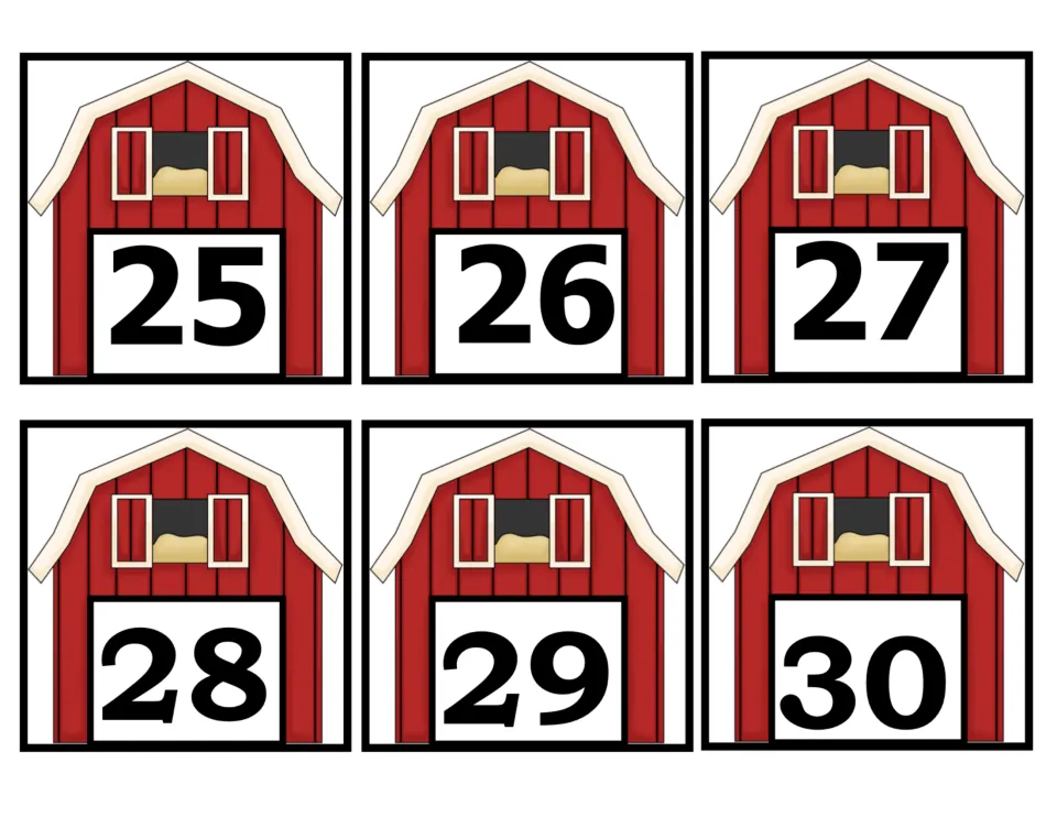 Number cards 25–30 of the 50-card farm set, showing numerals 25, 26, 27, 28, 29, and 30 on red barn pictures.