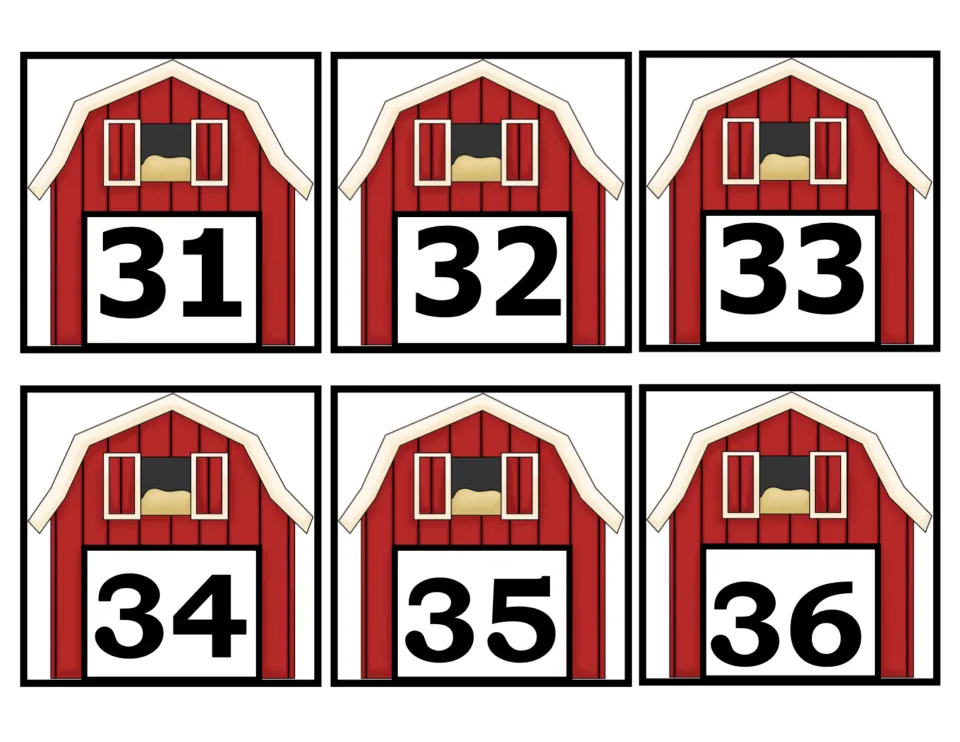 Number cards 31–36 of the 50-card farm set, showing numerals 31, 32, 33, 34, 35, and 36 on red barn pictures.