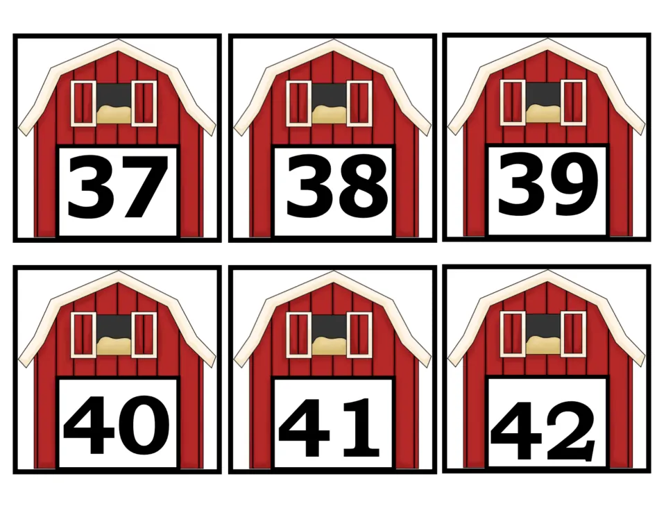 Number cards 37–42 of the 50-card farm set, showing numerals 37, 38, 39, 40, 41, and 42 on red barn pictures.