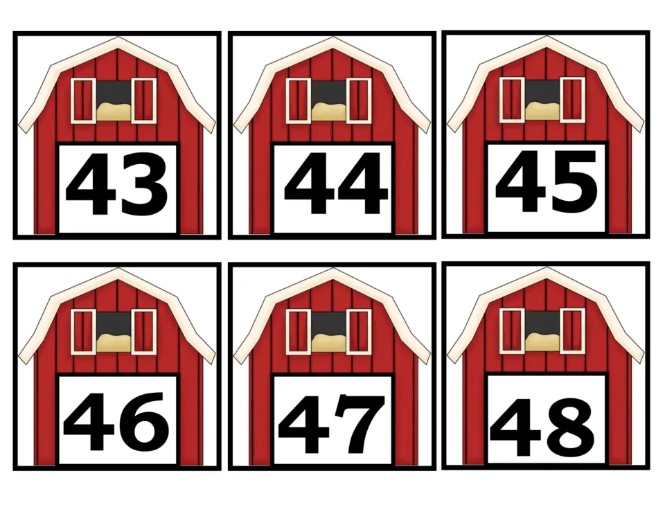 Number cards 43–48 of the 50-card farm set, showing numerals 43, 44, 45, 46, 47, and 48 on red barn pictures.