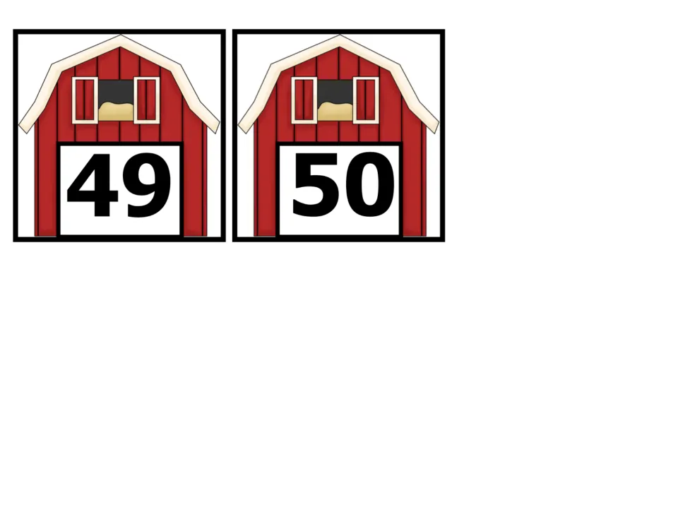 Number cards 49 and 50 on red barn pictures, completing the farm-themed set of 50 cards numbered 1–50.