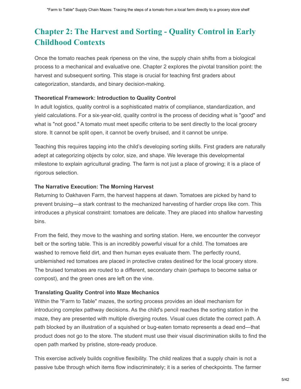Chapter 2 of the educator guide explains tomato harvesting, washing, sorting, and quality checks in mazes.