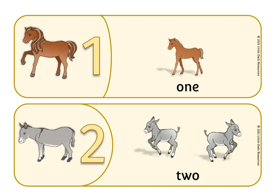 Counting puzzles 1 and 2: a horse by numeral 1 matches one foal; a donkey by numeral 2 matches two foals and word two
