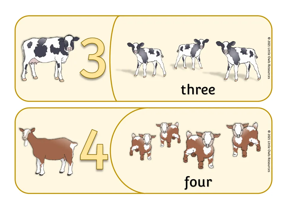 Counting puzzles 3 and 4: a cow by numeral 3 matches three calves; a goat by numeral 4 matches four kids and word four