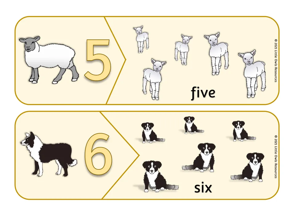 Counting puzzles 5 and 6: a sheep by numeral 5 fits five lambs; a sheepdog by numeral 6 fits six puppies and word six