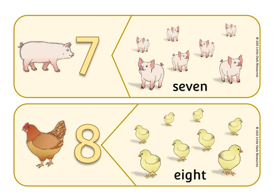 Counting puzzles 7 and 8: a pig by numeral 7 fits seven piglets; a hen by numeral 8 fits eight chicks and the word eight