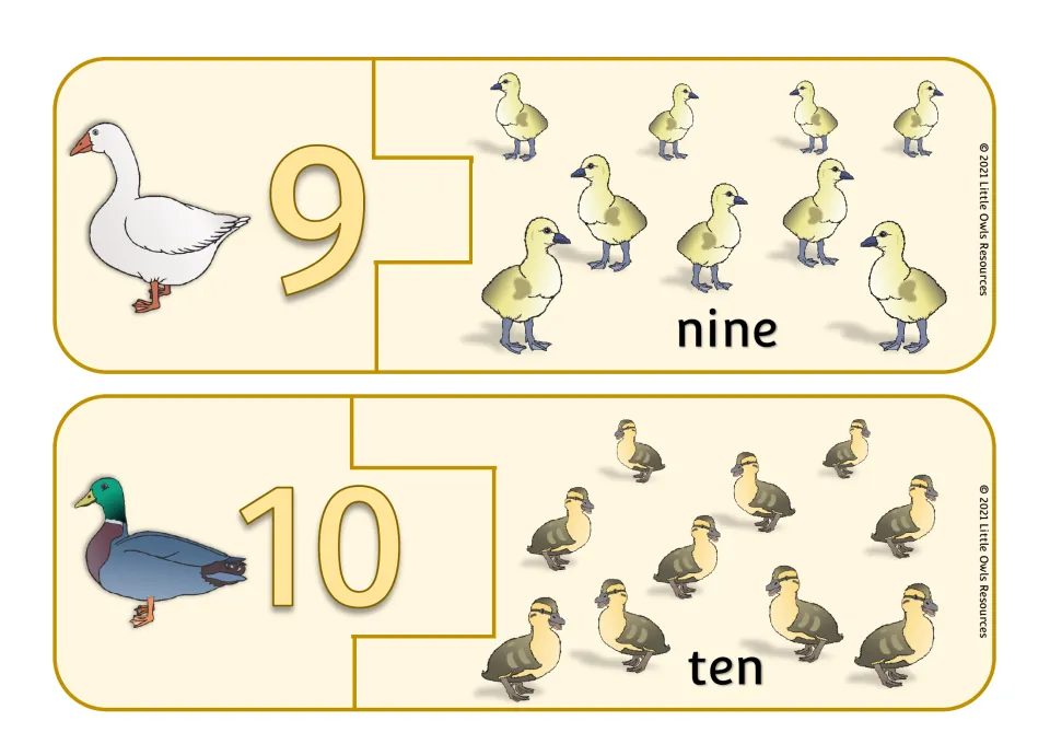 Counting puzzles 9 and 10: a goose by numeral 9 fits nine goslings; a mallard by numeral 10 fits ten ducklings and word ten