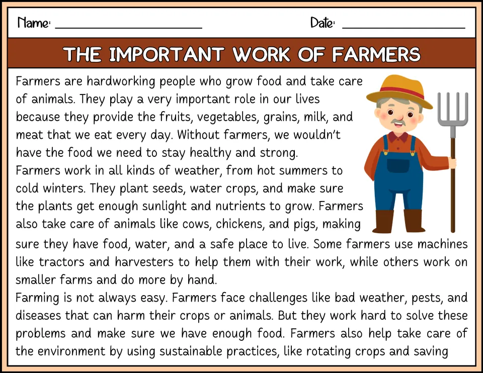 Farmers reading passage in color: students read about growing crops, caring for animals and facing bad weather and pests