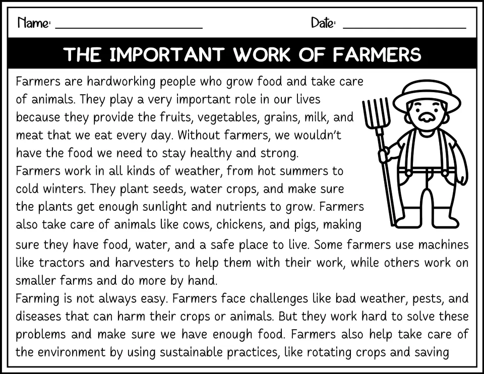 Black-and-white farmers passage: students read how farmers plant seeds, use tractors and practice crop rotation