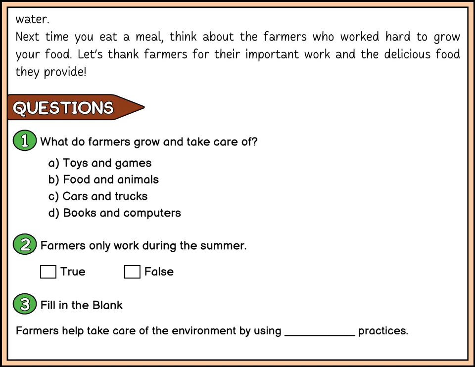 Farmers questions 1-3 in color: students answer multiple choice, true or false and a fill-in blank on the passage