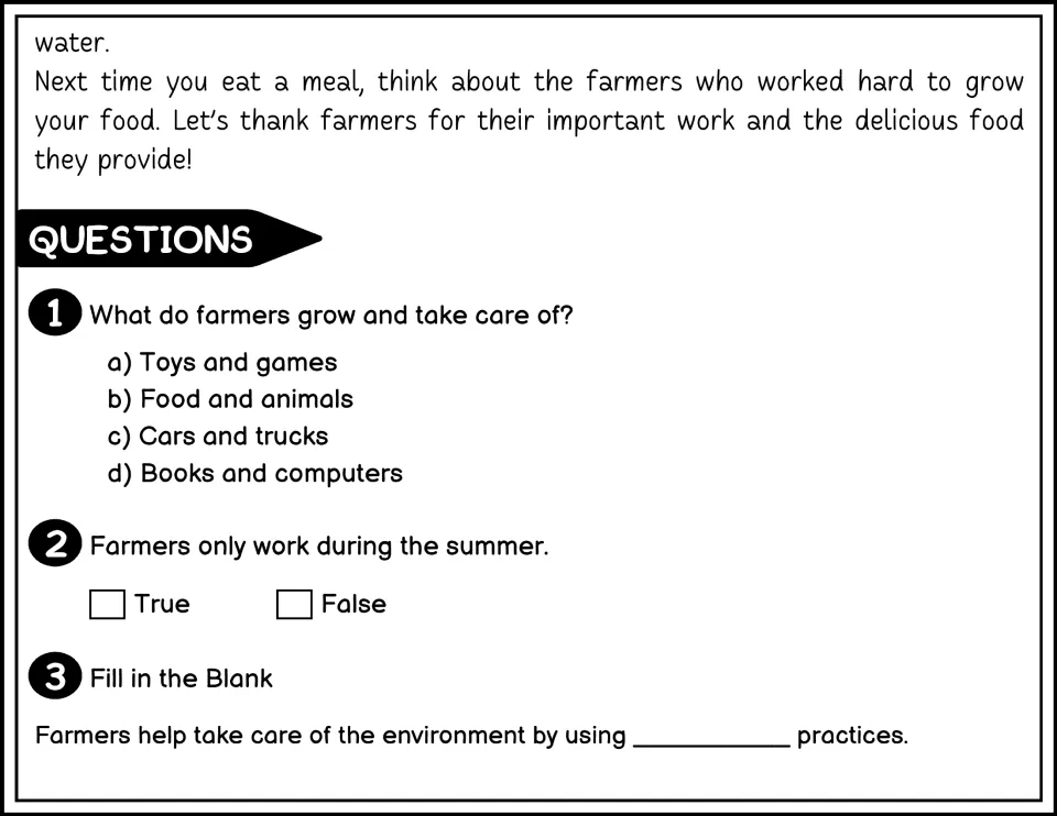 Black-and-white questions 1-3: students recall what farmers grow, judge if they work only in summer, and fill a blank